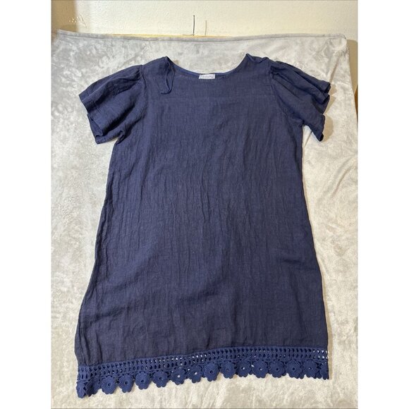 Bellambia 100% Linen Dress Size 2X Plus Short Sleeve Navy Blue Crochet Hem Boho - Picture 2 of 14